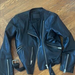 All Saints Black and Silver Leather Moto Jacket
